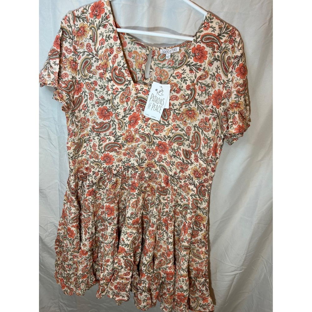 Patrons of Peace Floral Paisley Mini Dress Orange Green Boho J1102F03 Womens L